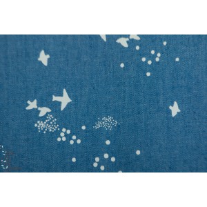 Tissu Denim Blue Japan Denim ciel oiseau graphique paysage jean bleu