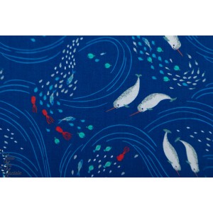 Popeline Blend Swirling Seas Royal poisson graphique bleu mer animaux