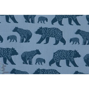tissu coton Popeline Bio Bear Family ours bleu monaluna